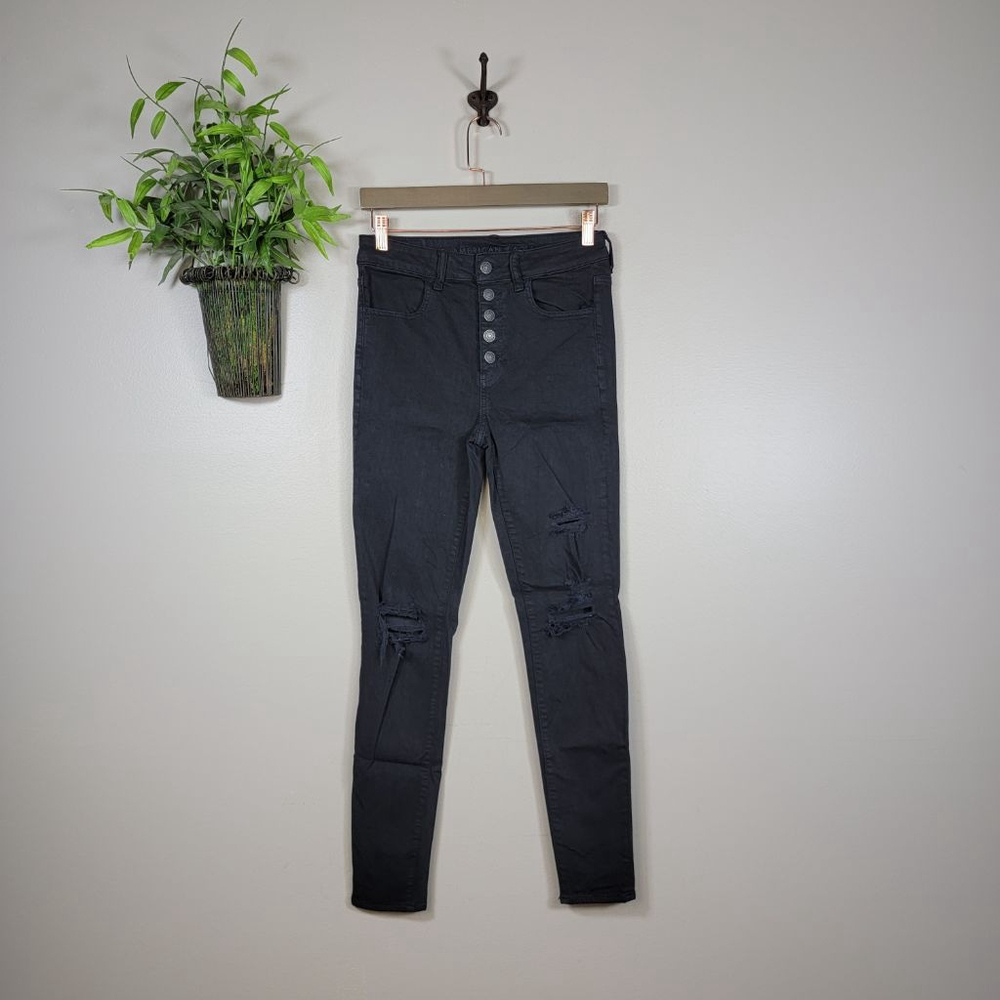 American Eagle Skinny Jeans Super Hi Rise Jegging Black Button Fly Ripped AE 4